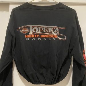 Vintage Reworked Harley Davidson Motorcycle Flames Cropped Long Sleeve Shirt Top